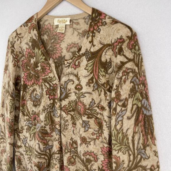 PECK & PECK Sweater XL Pure Cashmere Button Up Cardigan Floral Paisley Beige VTG - Picture 7 of 12